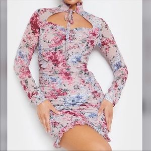 Lilac Floral High Neck Cut Out Ruched Frill Bodycon Dress NEW WITH TAGS